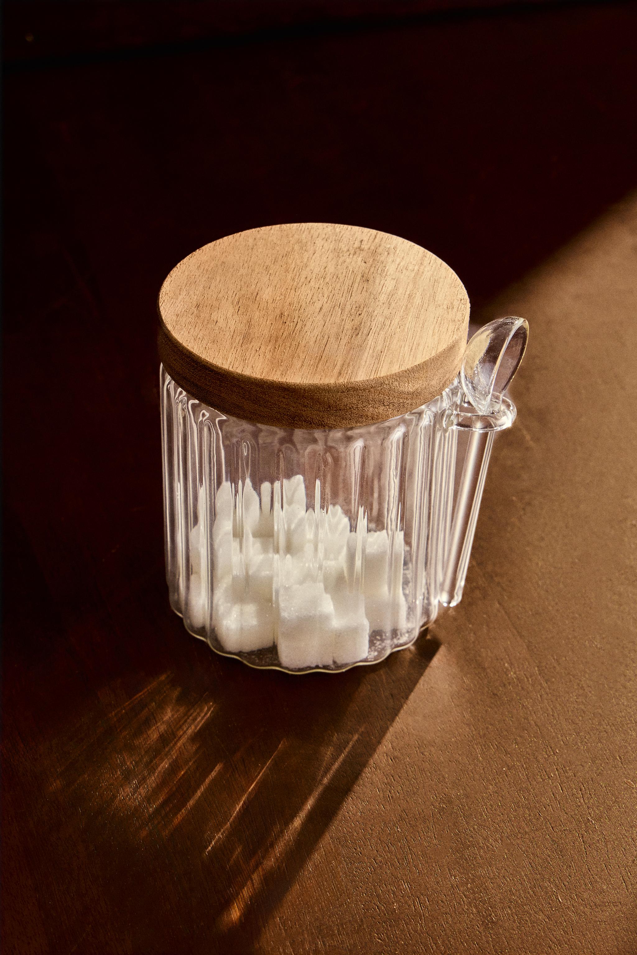 BOROSILICATE GLASS AND WOOD SUGAR BOWL